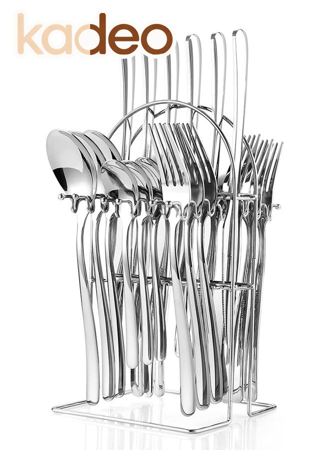kadeo 24PCS Cutlery Set with Holder, Stainless Steel Flatware Set Rack, Dishwasher Safe Silverware Set with stand, Hanging Utensils Set Service for 6, Eating Tableware Set Include Fork Knife Spoon - Image 1